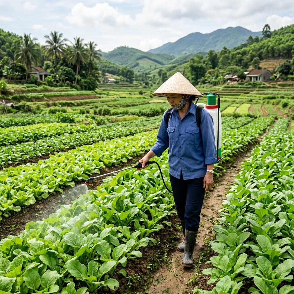 Nông dân phun phân bón lá chuyên nghiệp