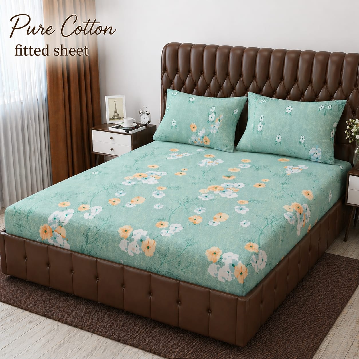 Mint Green Pansy Floral Pure Cotton Fitted Bedsheet
