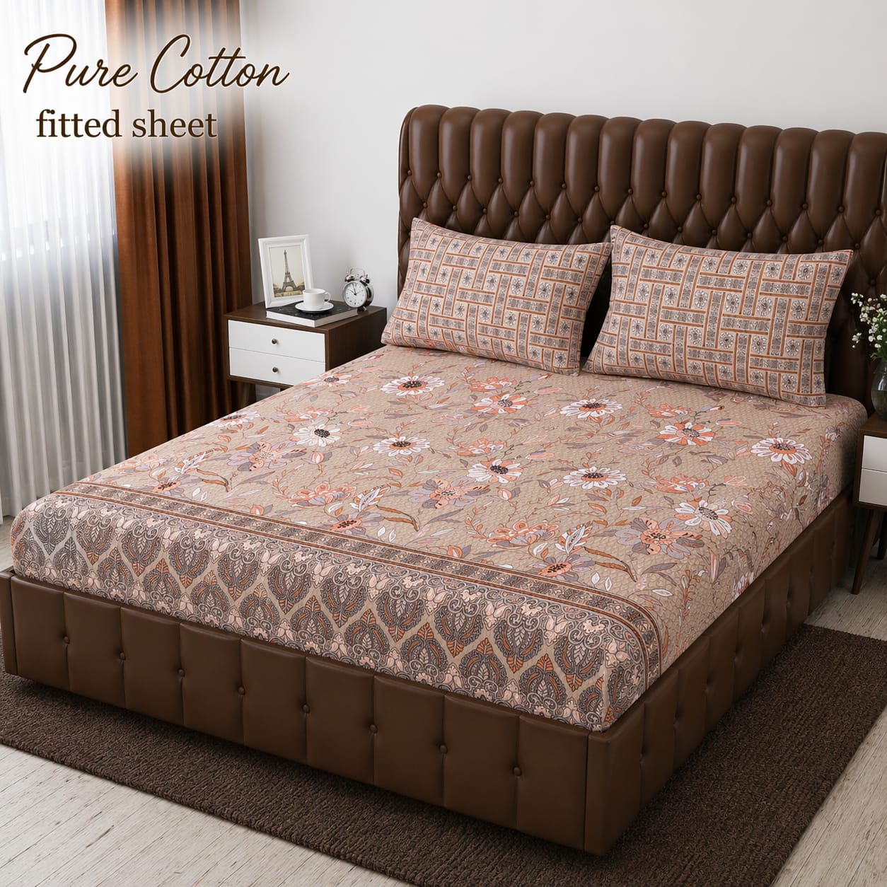 Beige Floral Paisley Border Pure Cotton Fitted Bedsheet