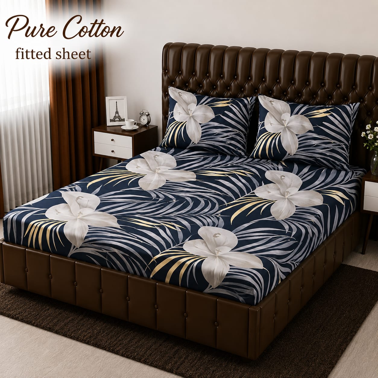 Navy Tropical Lily Palm Pure Cotton Fitted Bedsheet