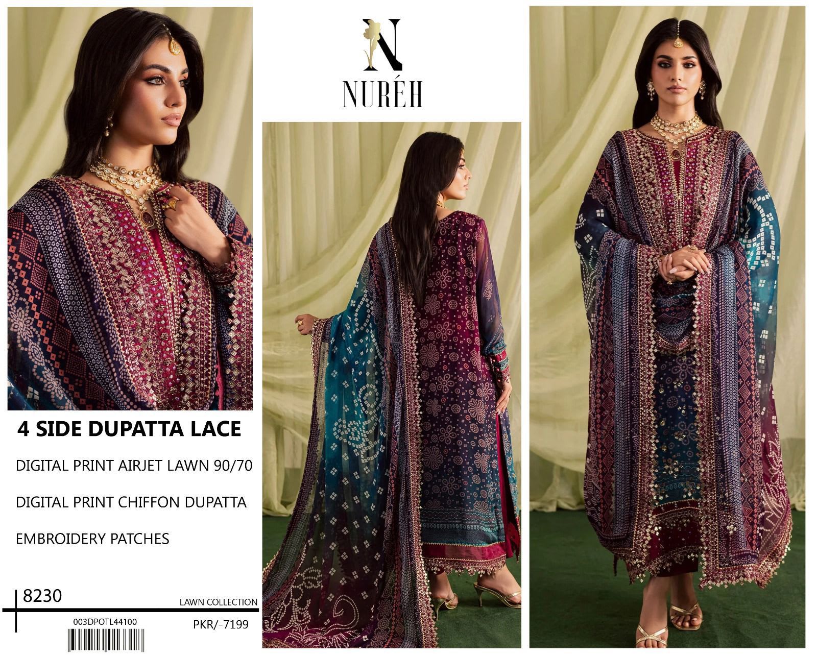 Model wearing the Nurëii digital print airjet lawn 3-piece suit with chiffon dupatta