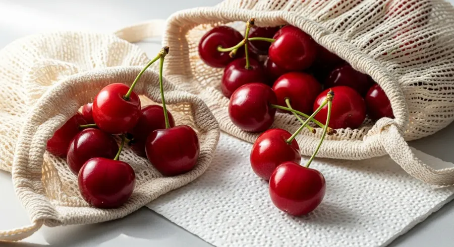 fresh cherries — Breathable bags and paper towels