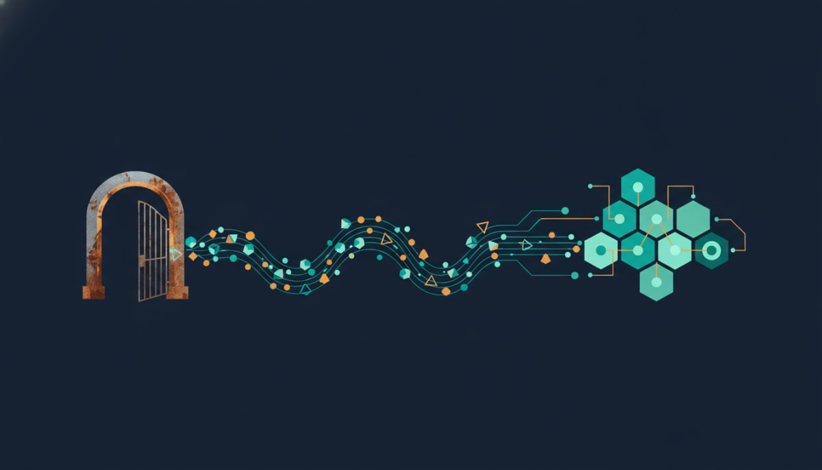 Illustration: traffic leaving an old rusted gate and flowing into a modern modular gateway of hexagonal container nodes