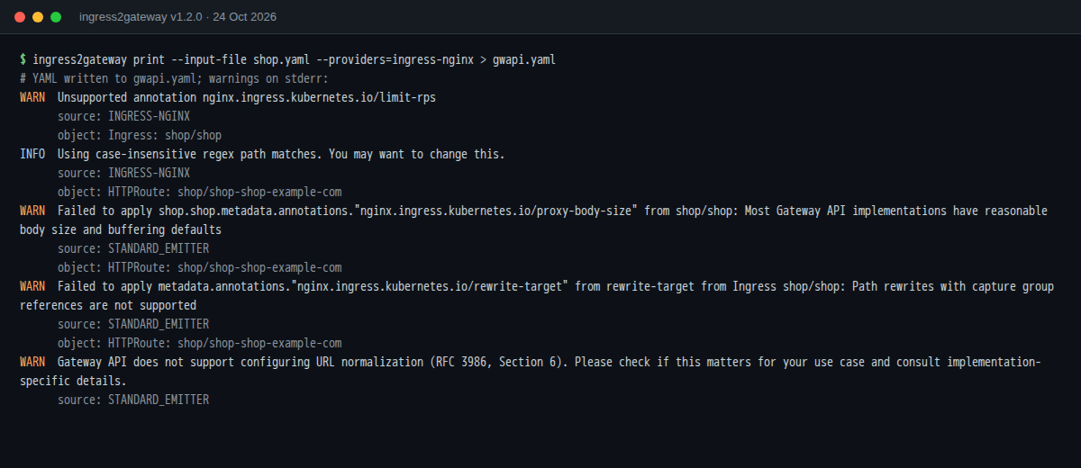 Terminal screenshot of ingress2gateway 1.2.0 warnings: unsupported limit-rps, case-insensitive regex, proxy-body-size not applied, capture-group rewrite not supported, URL normalization