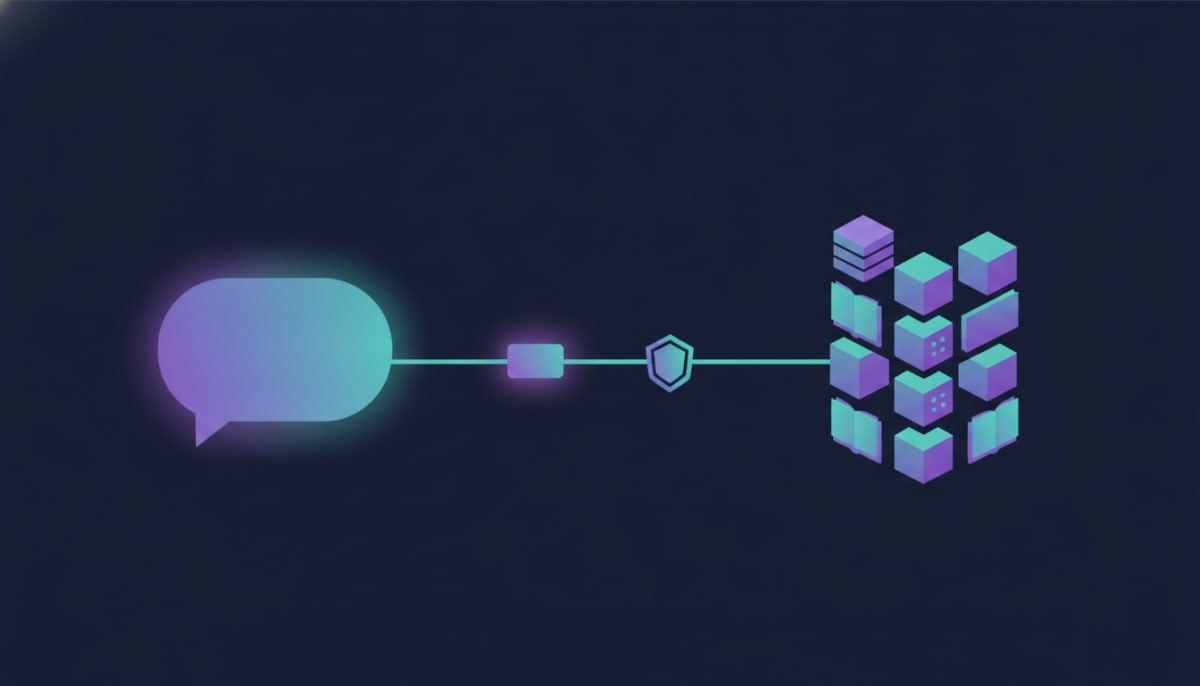 Illustration: an AI chat bubble connected by one cable, through an adapter and a shield, to a stack of infrastructure blocks and documentation books