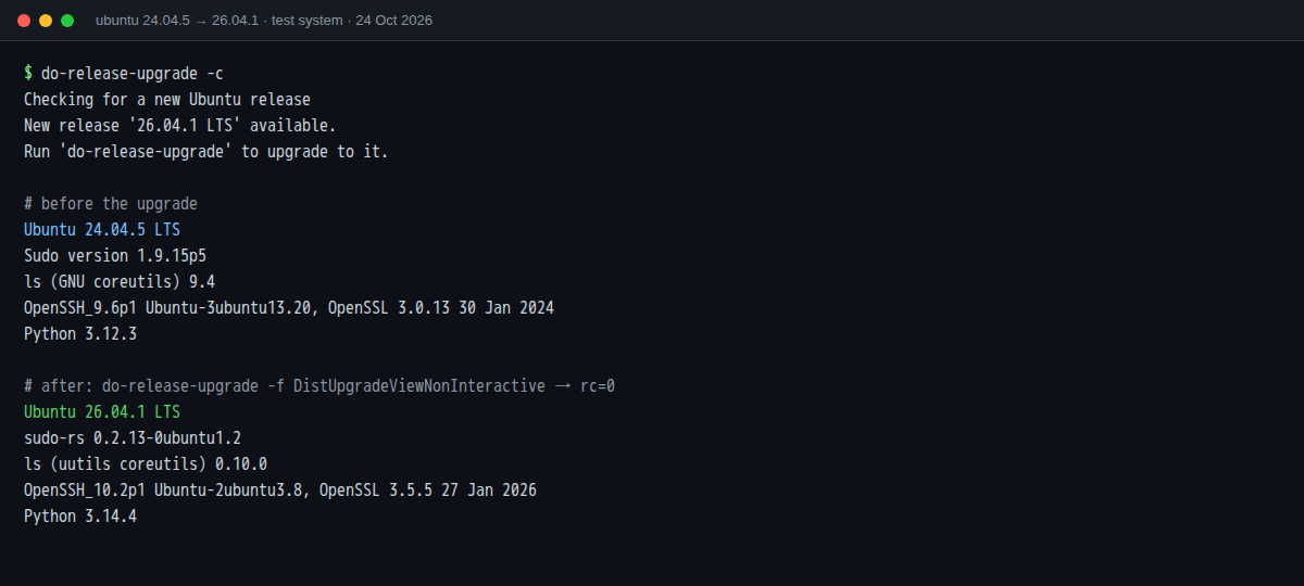 Terminal screenshot: do-release-upgrade -c on Ubuntu 24.04.5 reports New release 26.04.1 LTS available, followed by tool versions before and after the upgrade