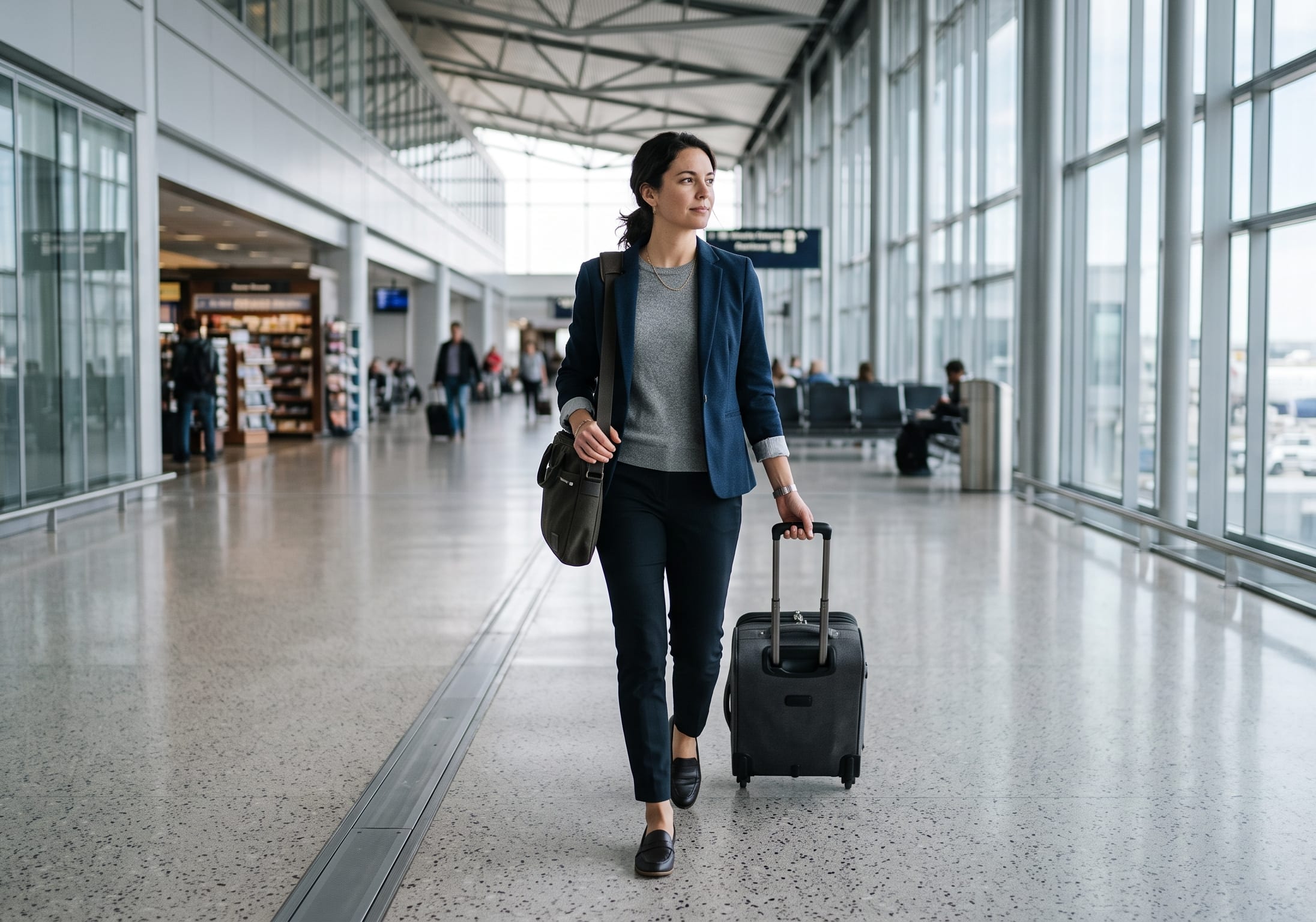 Independent professional consultant with a laptop and luggage at an airport
