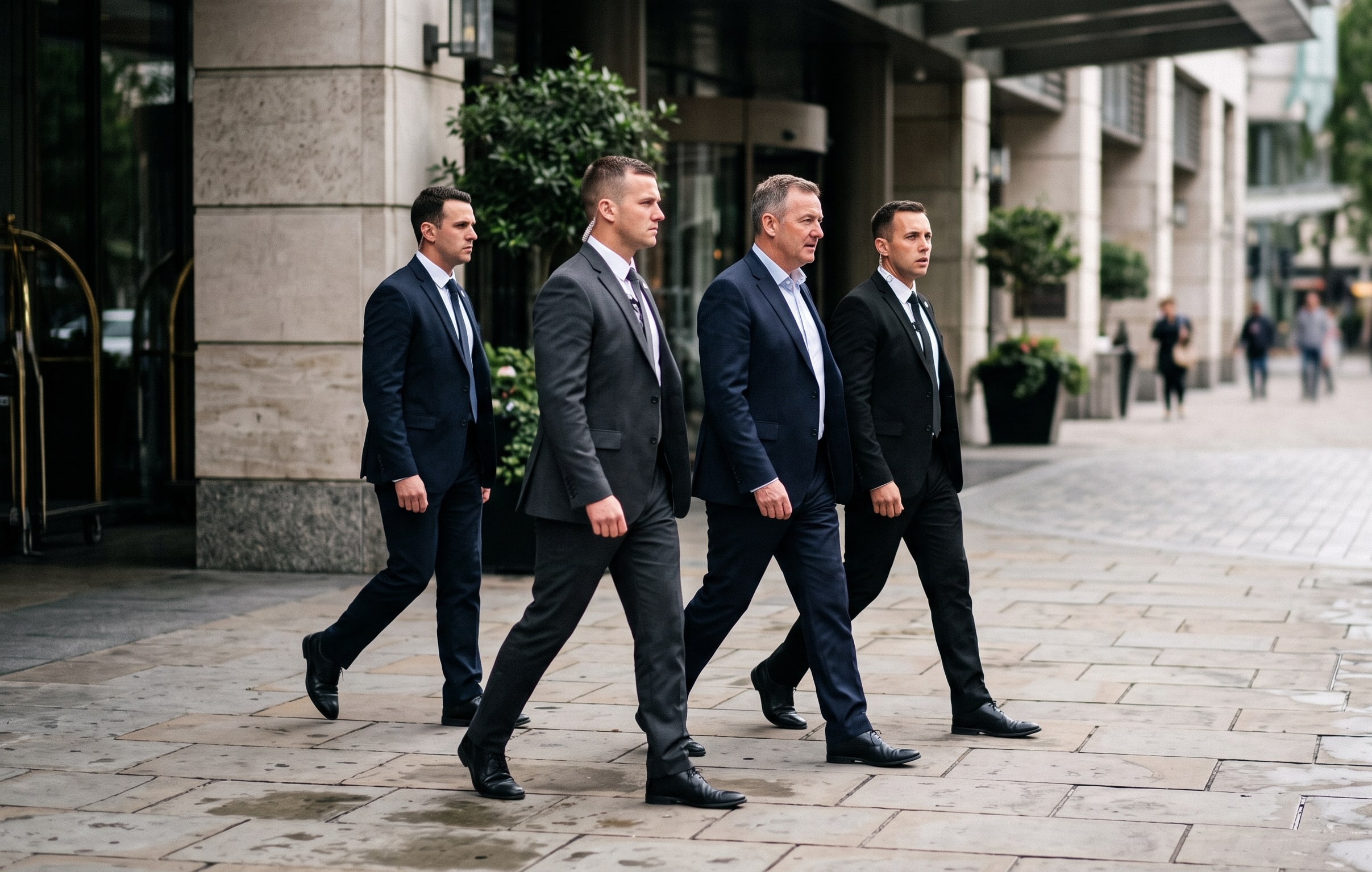 Close protection security team escorting a client in a high risk area