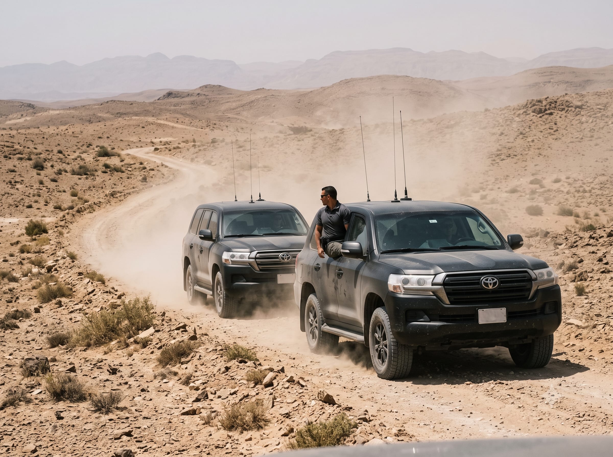 Security convoy of vehicles moving through a hostile environment