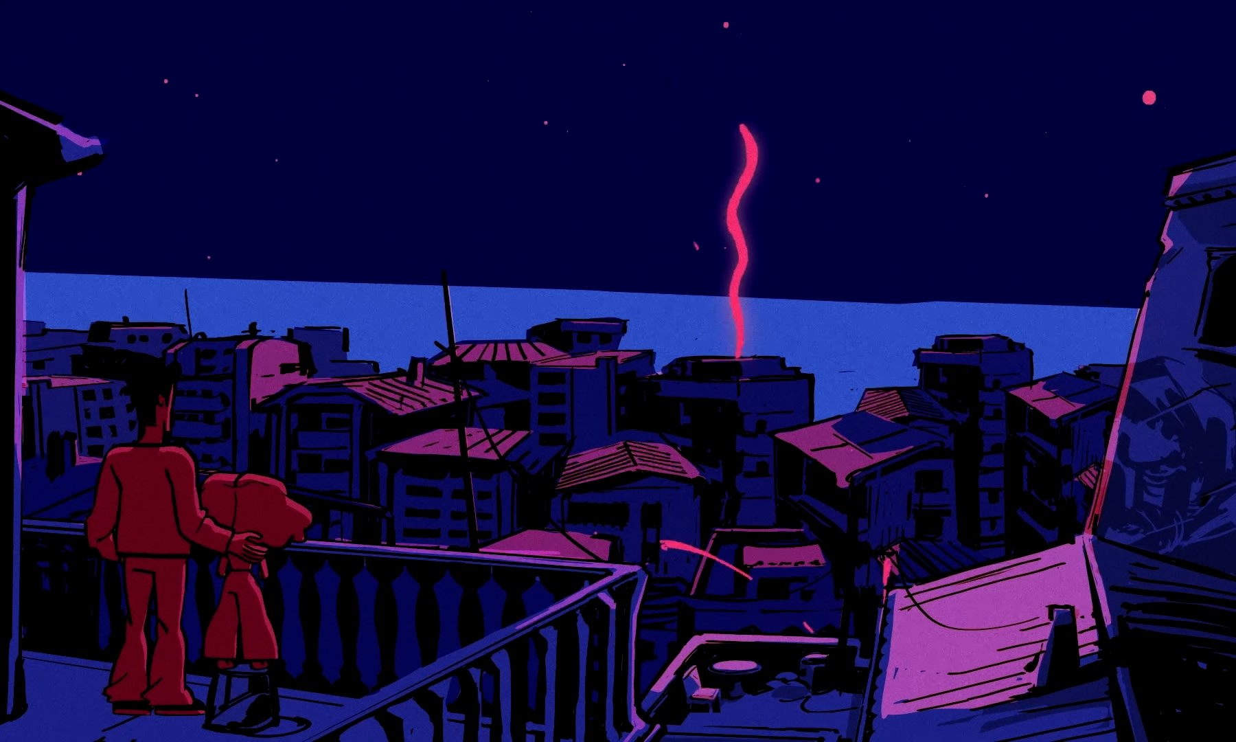 Neon-Lila und Blau: Ein Colorist beleuchtet eine nächtliche Stadtansicht mit kosmischem Licht.