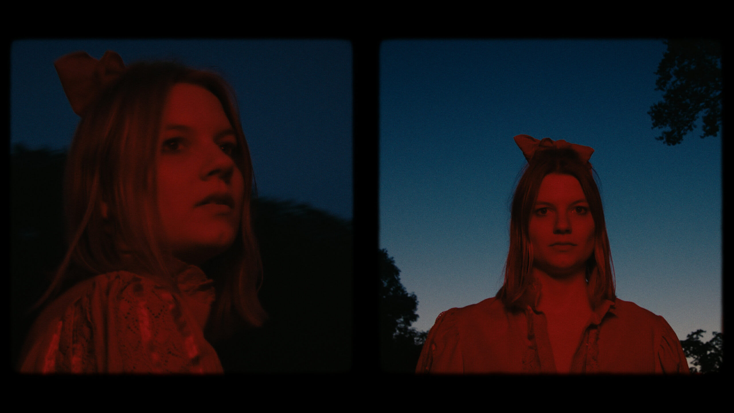 Künstlerischer color-grading mit roter Stimmung im Dämmerlicht, Porträt einer Frau.