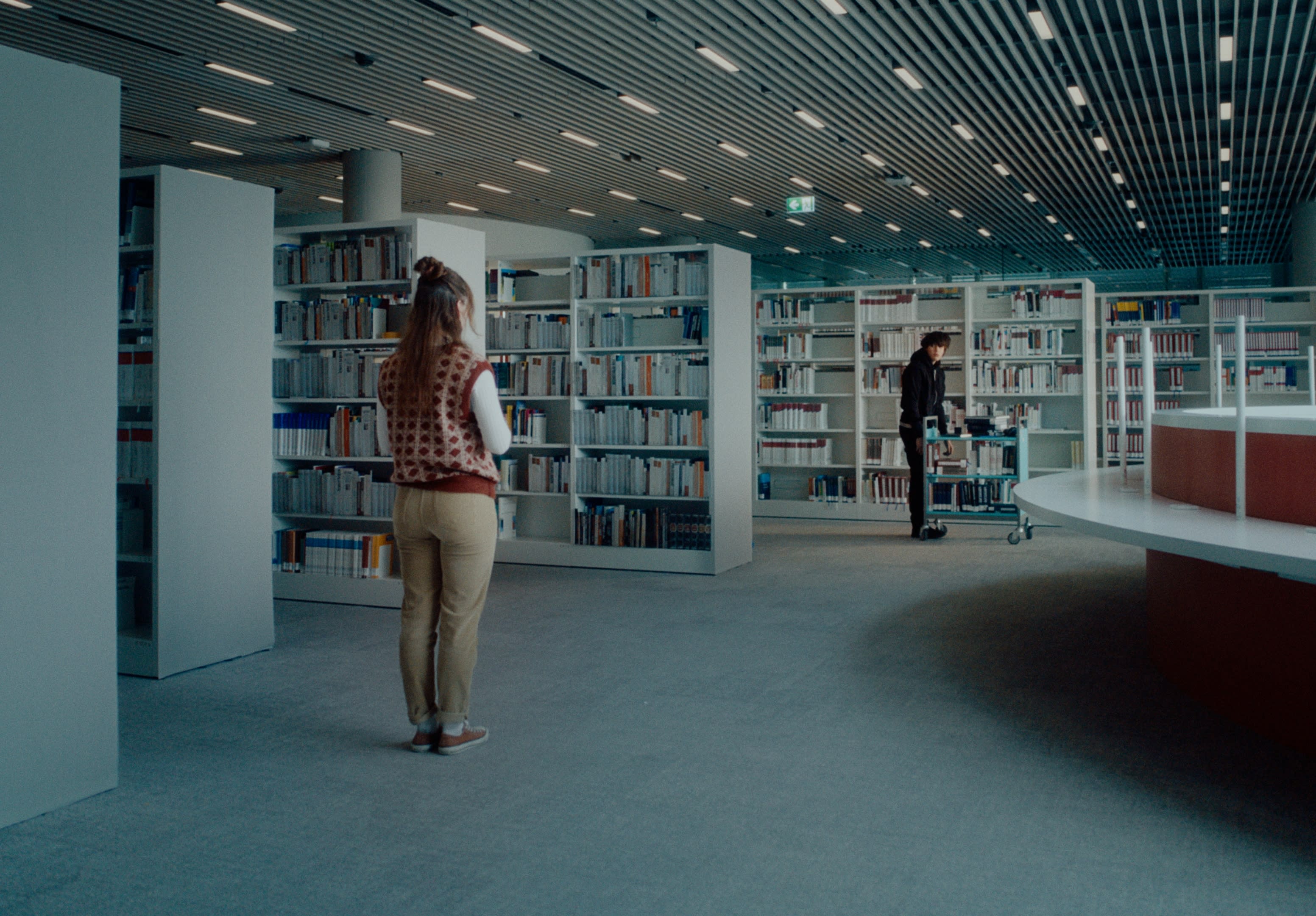Moderne Bibliothek mit ruhiger Atmosphäre und kühlen Farben, ideal für Color-Grading.