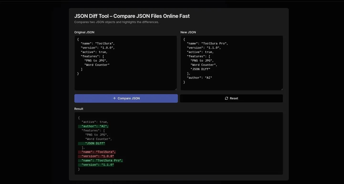 JSON Diff & Compare: Free & Easy Online Comparison | ToolSura