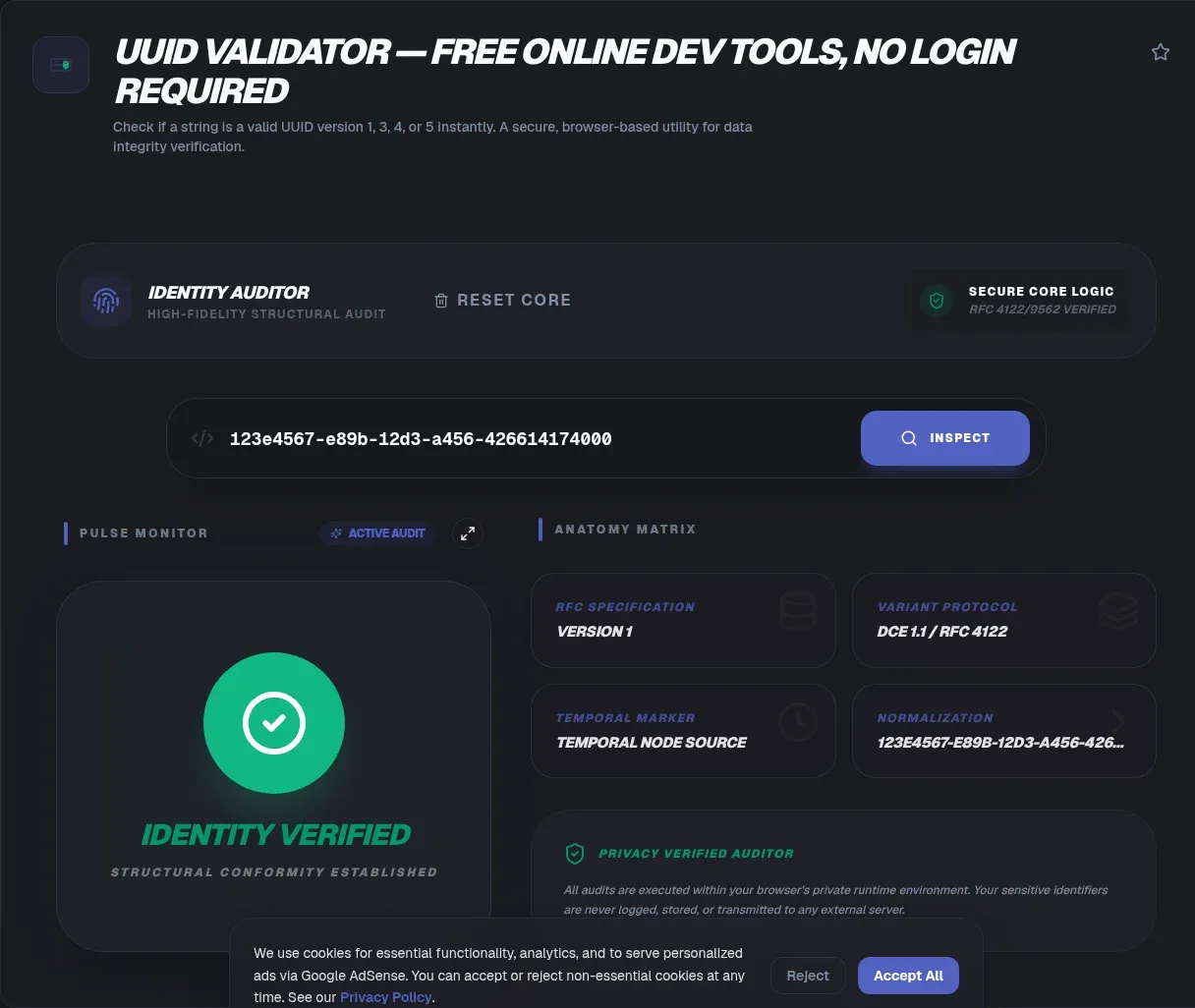 Screenshot of the UUID Validator tool