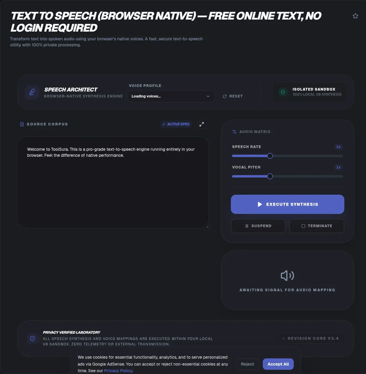 Screenshot of the Text to Speech (Browser Native) tool