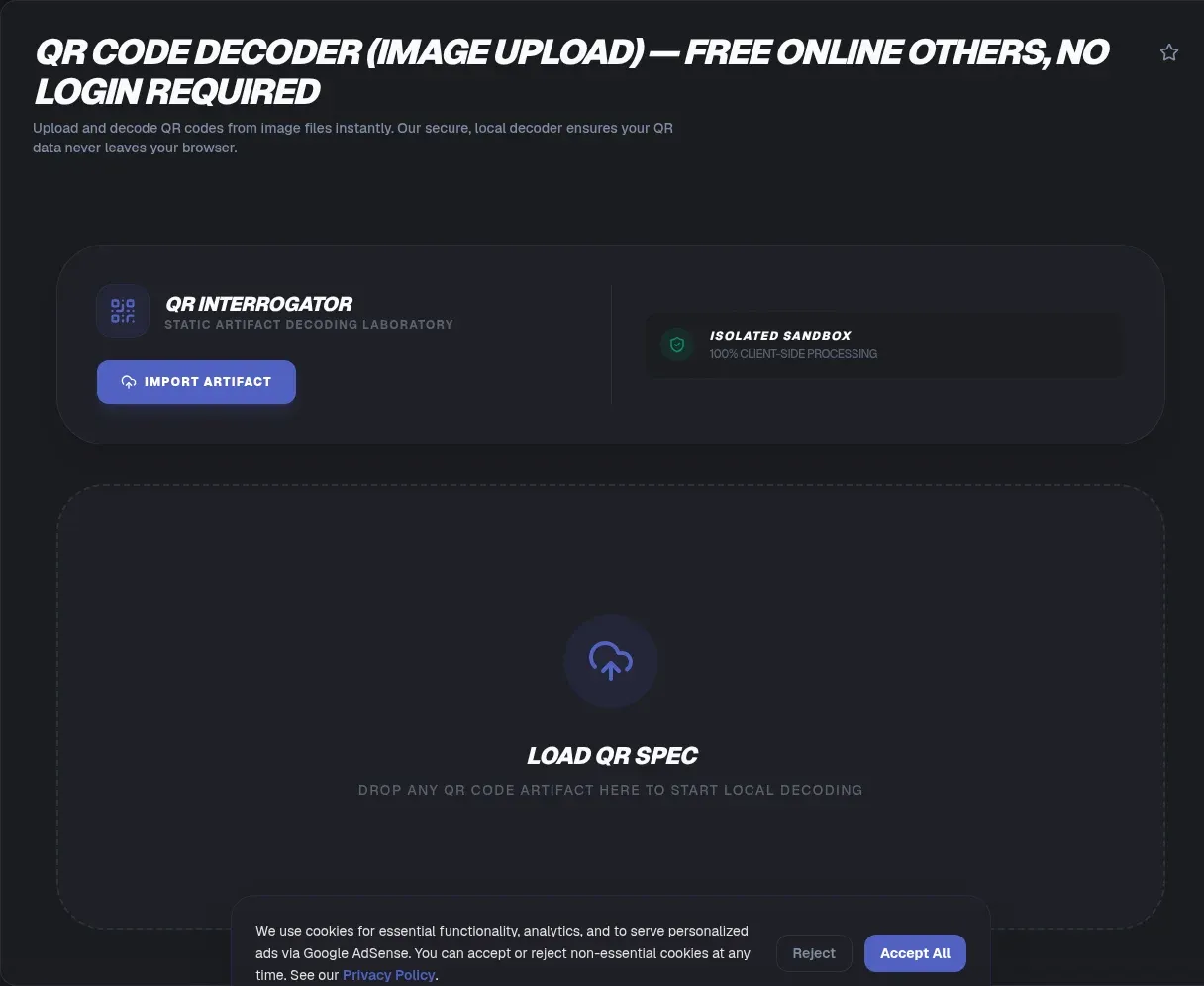 Screenshot of the QR Code Decoder (Image Upload) tool
