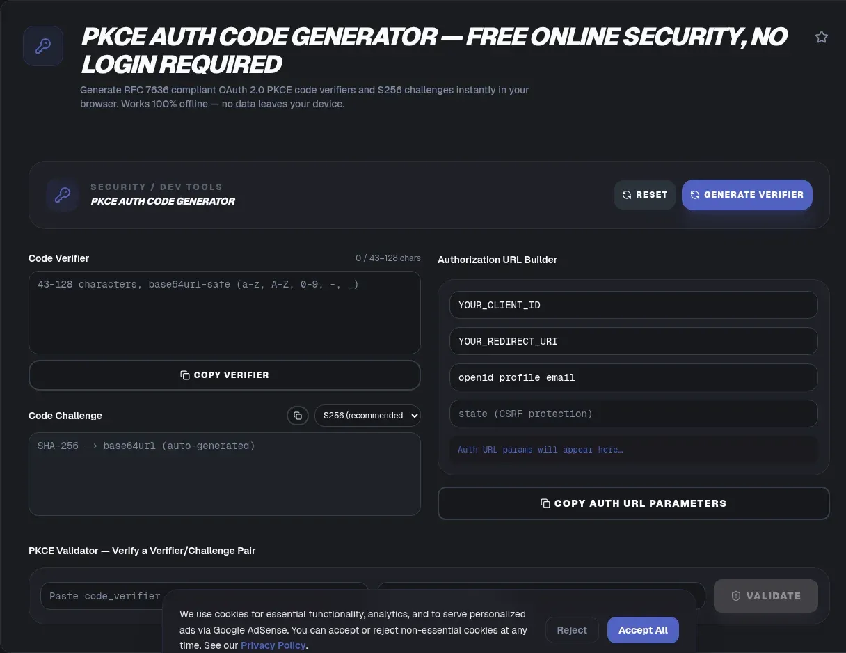 Screenshot of the PKCE Auth Code Generator tool