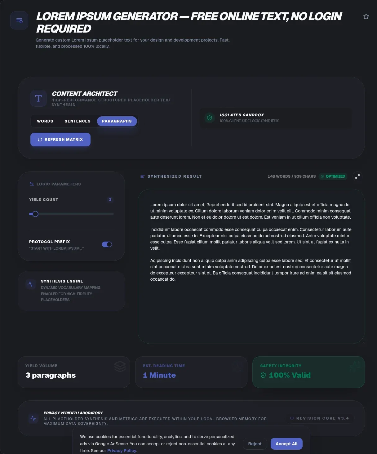 Screenshot of the Lorem Ipsum Generator tool