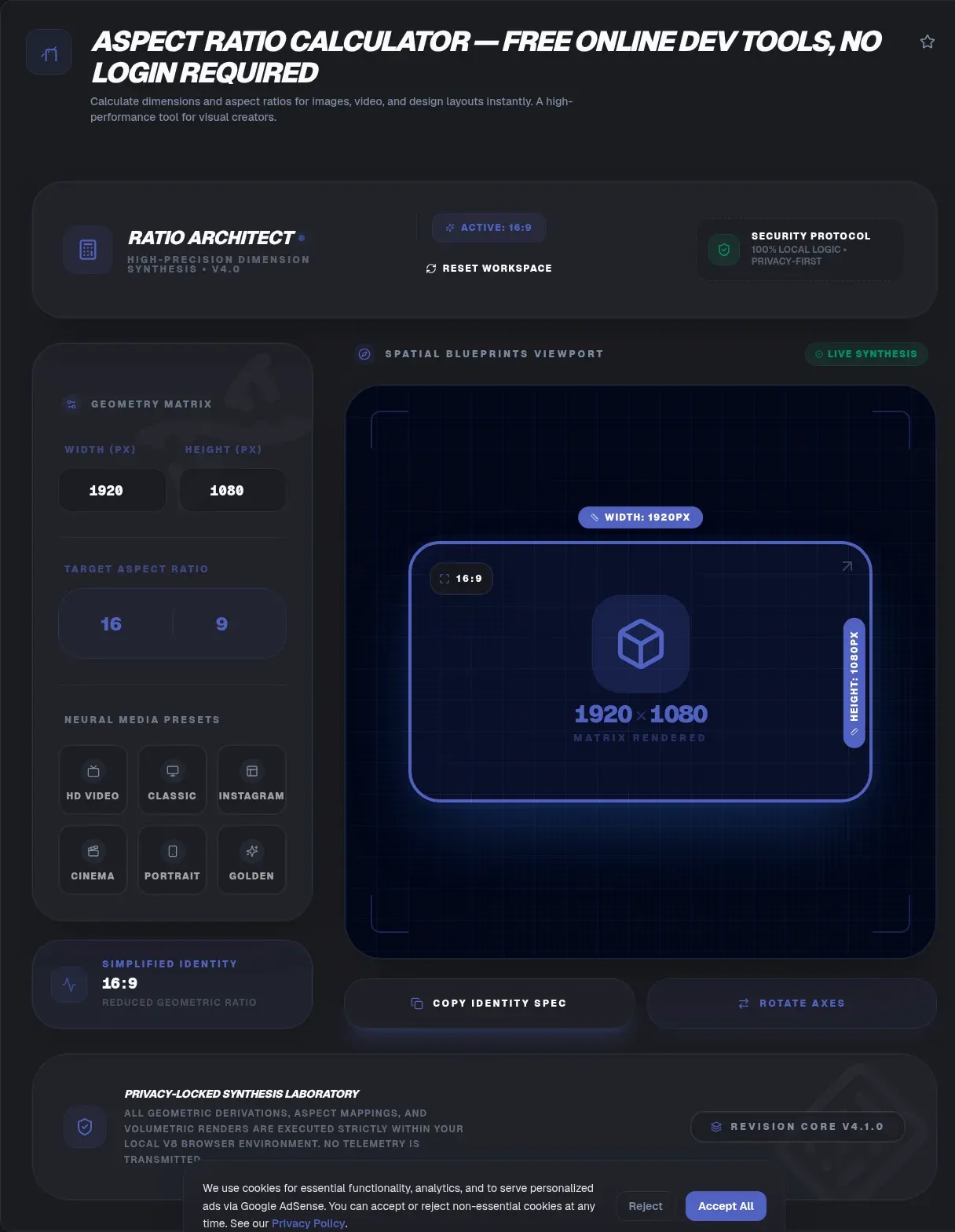 Screenshot of the Aspect Ratio Calculator tool