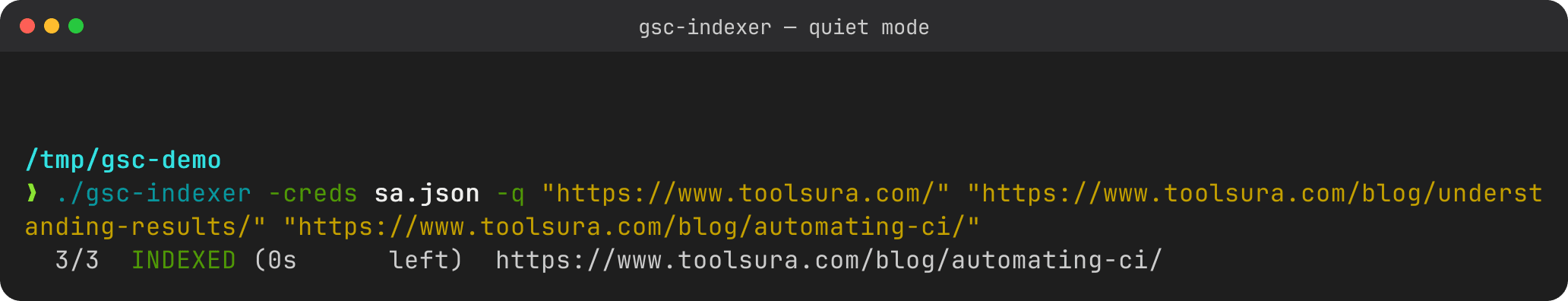 Real gsc-indexer quiet-mode run: three URLs collapse into a single progress line reading 3/3 INDEXED, instead of one output block per URL.