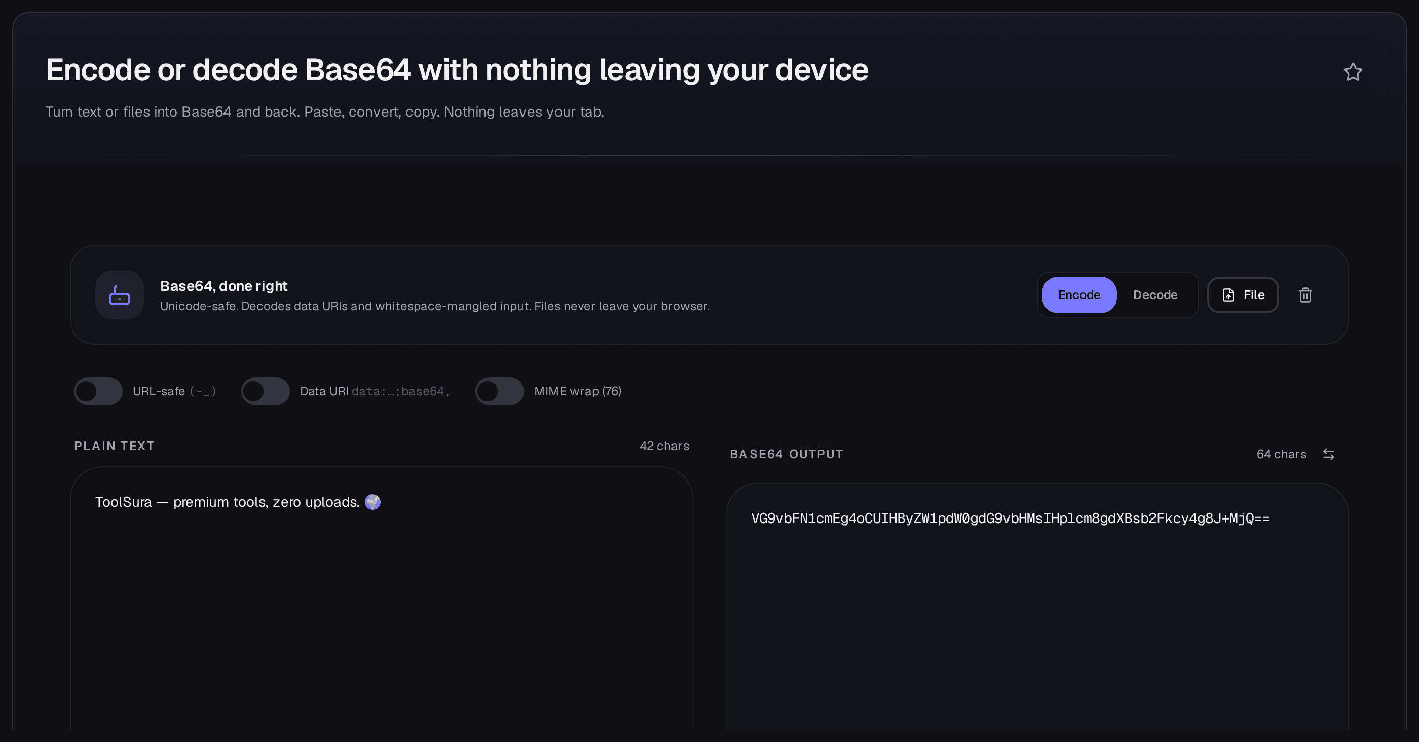 Encode mode of the Base64 tool with converted output populated, ready to copy