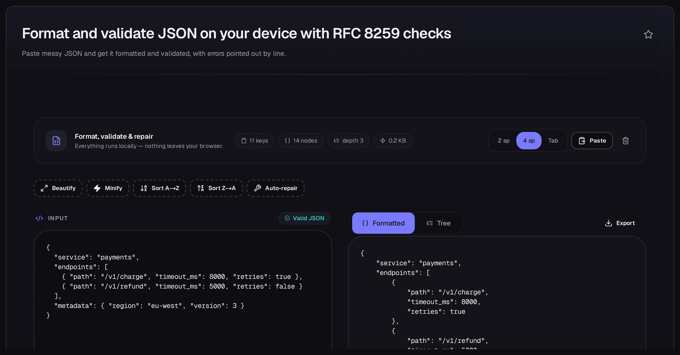 Formatted sample payload in the JSON formatter, keys indented and stats chips visible