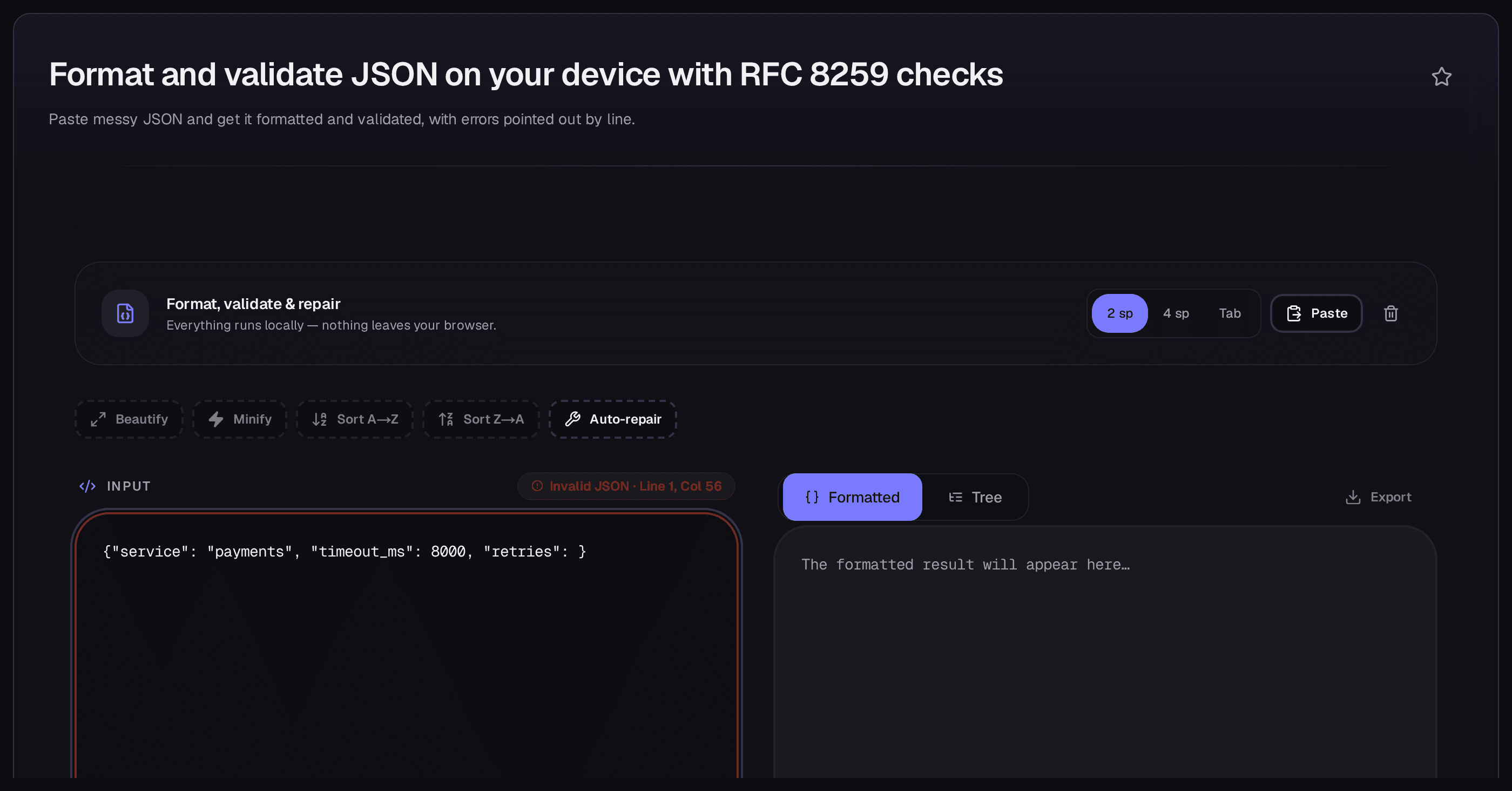 Validator error state with red border, line and column badge, and engine message