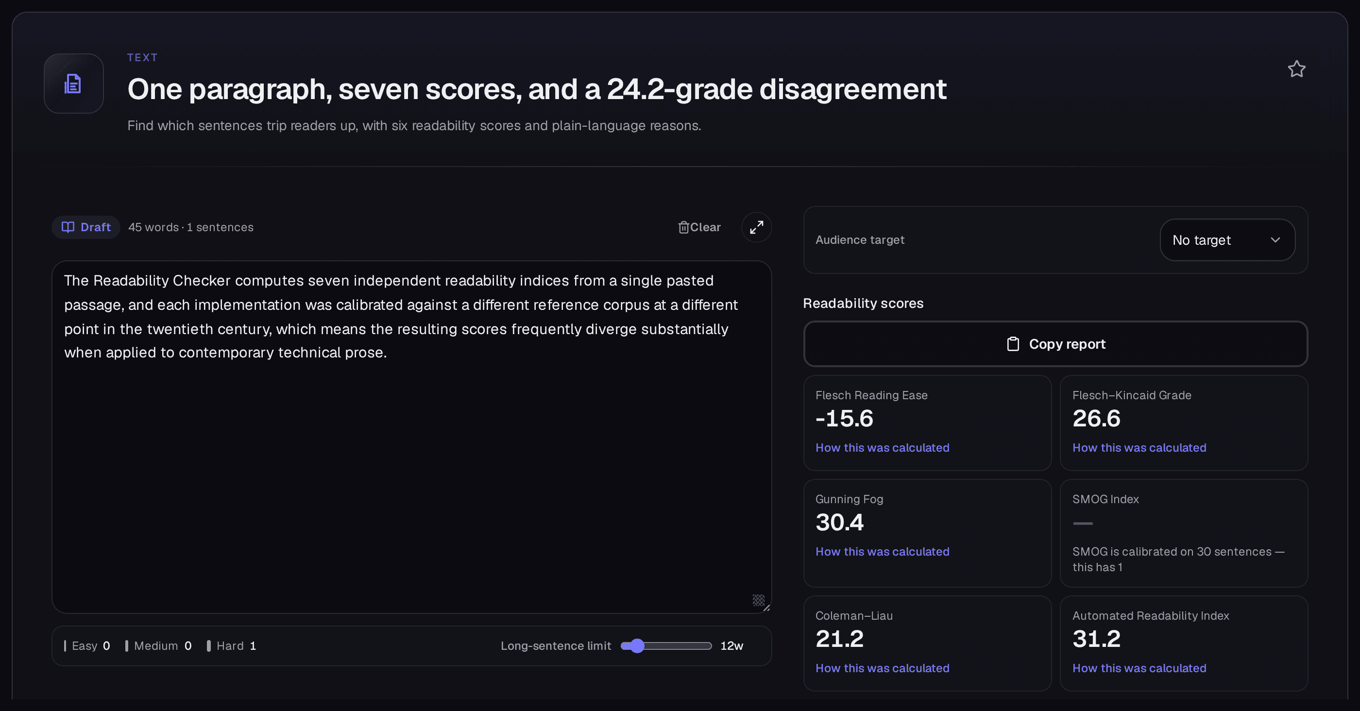 Sentence-length slider in the readability checker interface, the control that shortens or lengthens the average sentence length every formula divides by