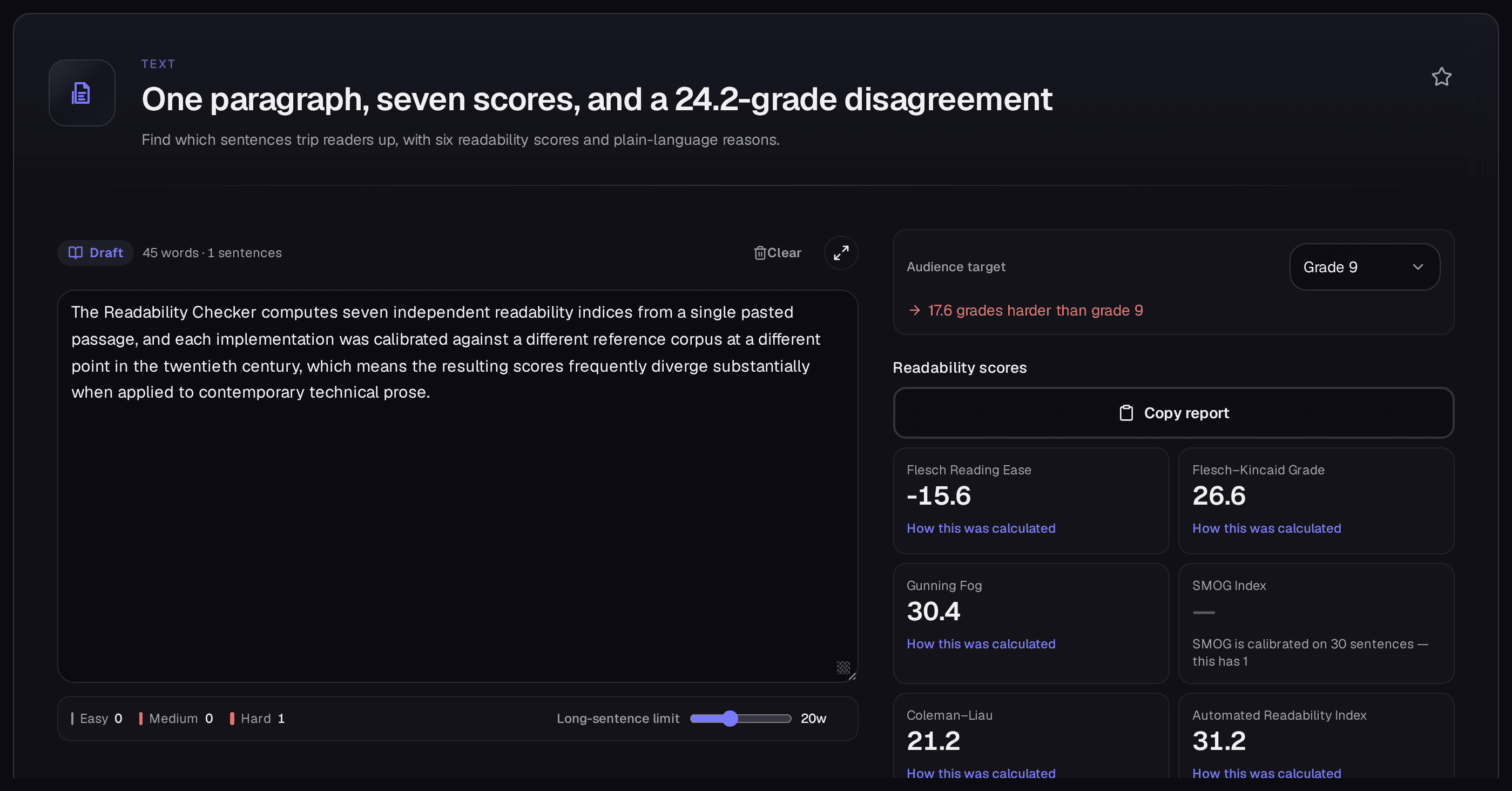 Audience-target control set to Grade 9 beside the delta line on the hard passage