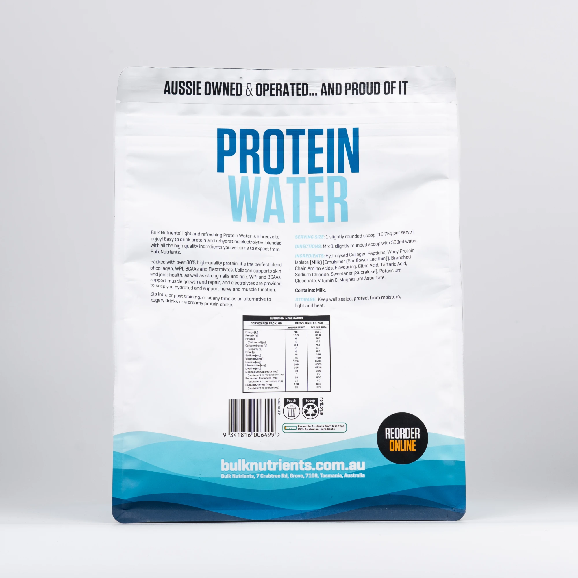 Bulk Nutrients' Protein Water Back of the package