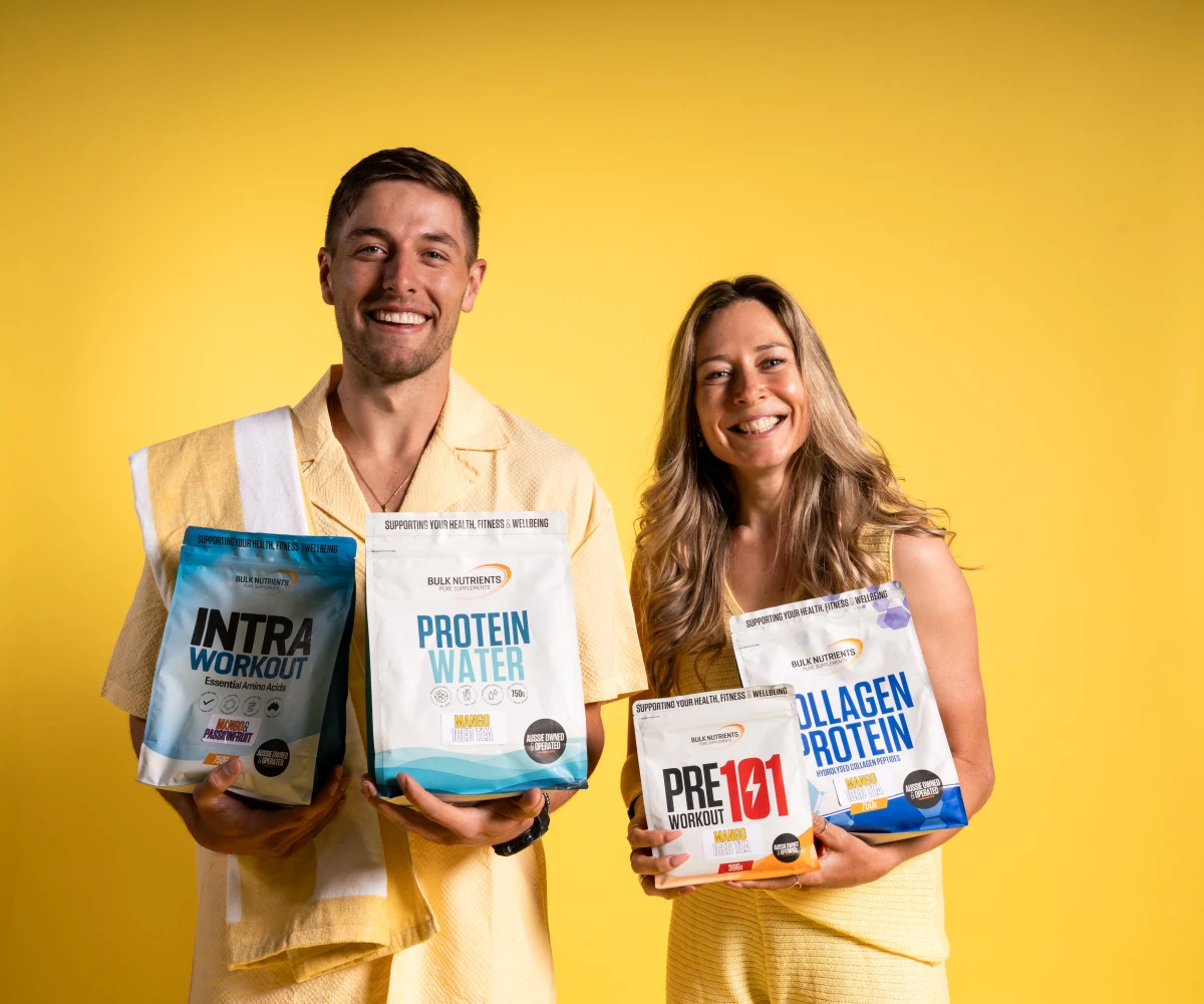 Ryan Hoffman and Nicole Frain with Intra Workout, Protein Water, Pre Workout 101 and Collagen Protein