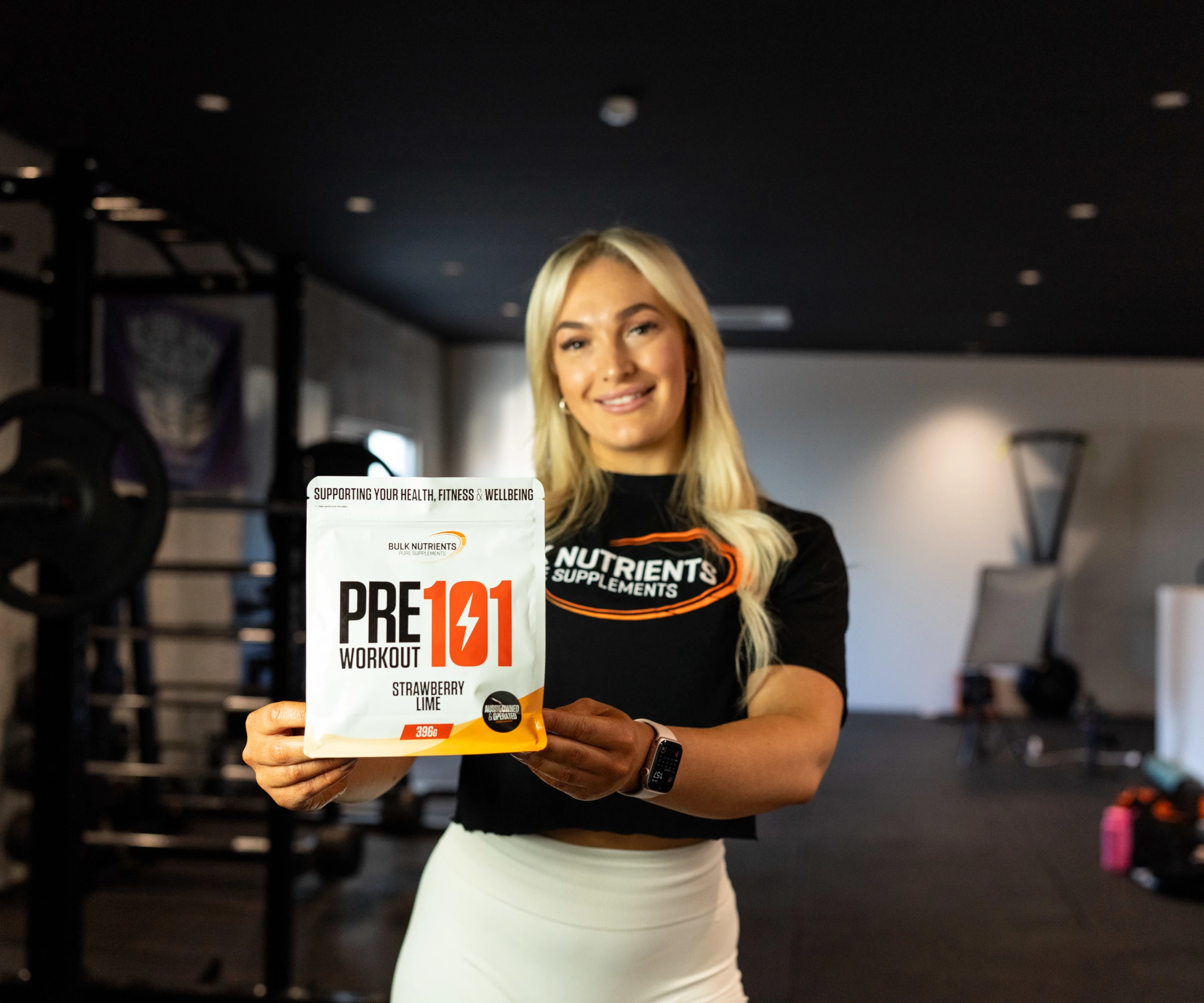 Bulk Nutrients Ambassador Bailey McDougall with Pre Workout 101 and shaker