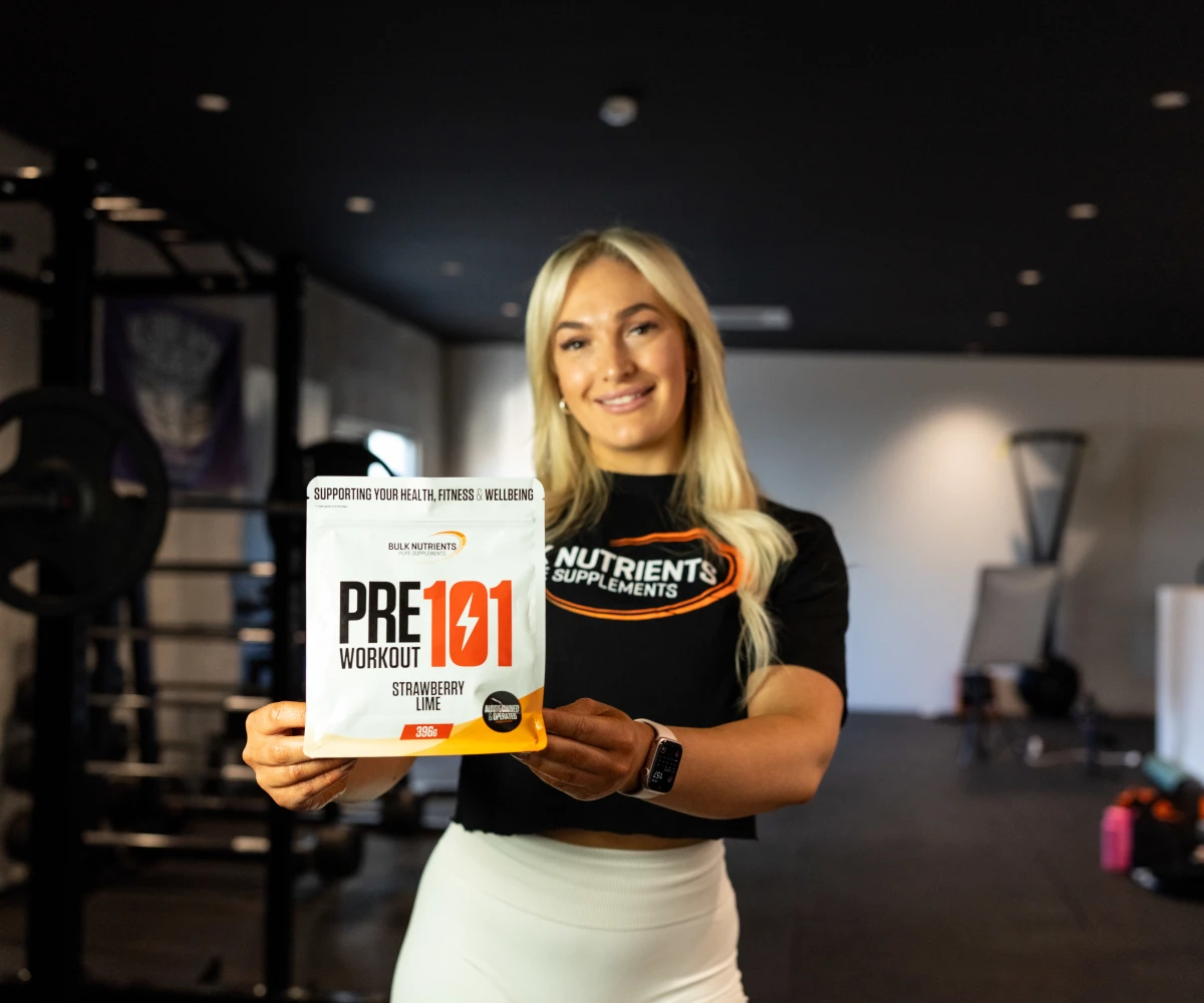 Bulk Nutrients Ambassador Bailey McDougall with Pre Workout 101 and shaker