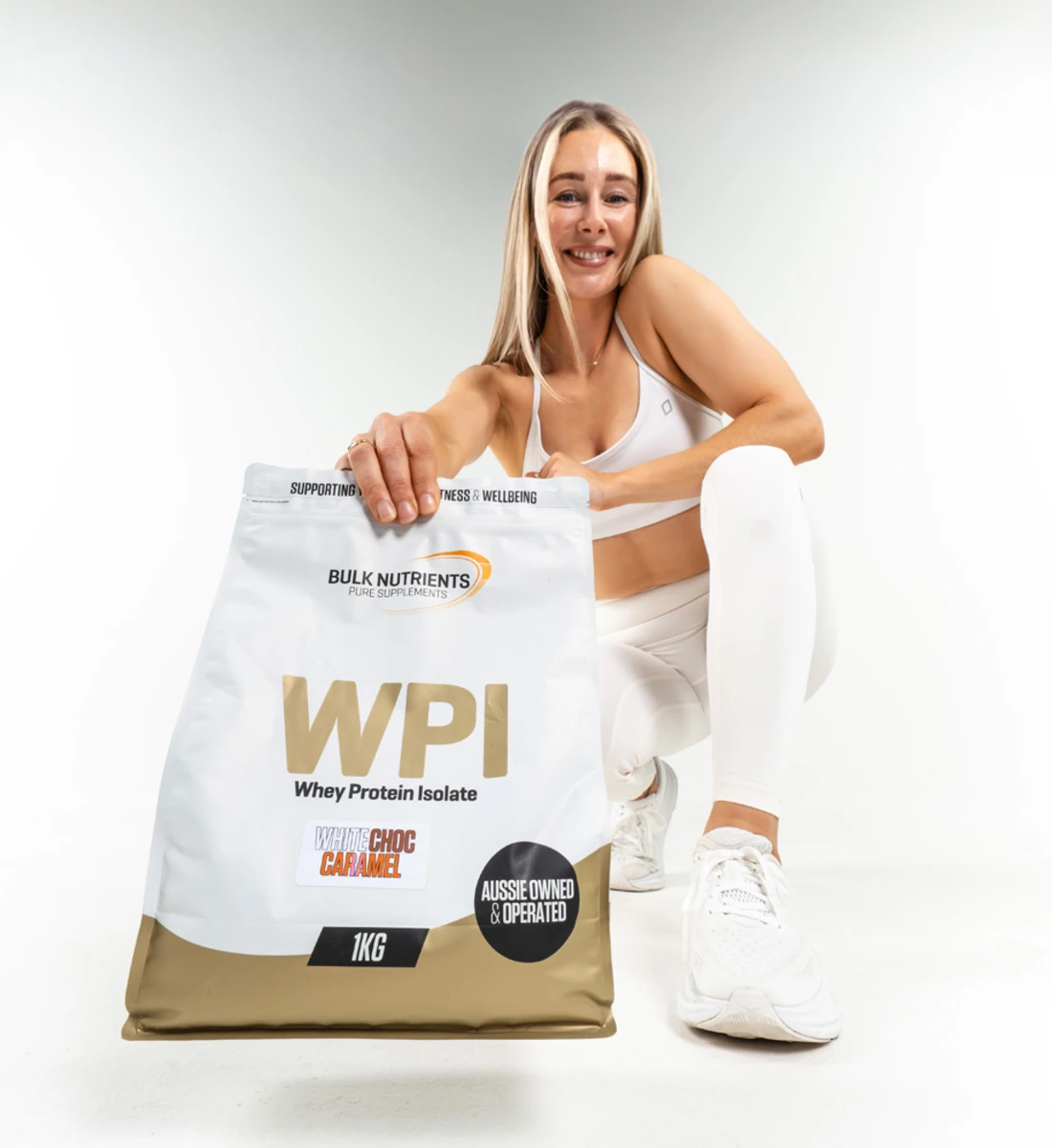 WPI pouch with a shake and caramel and white chocolates