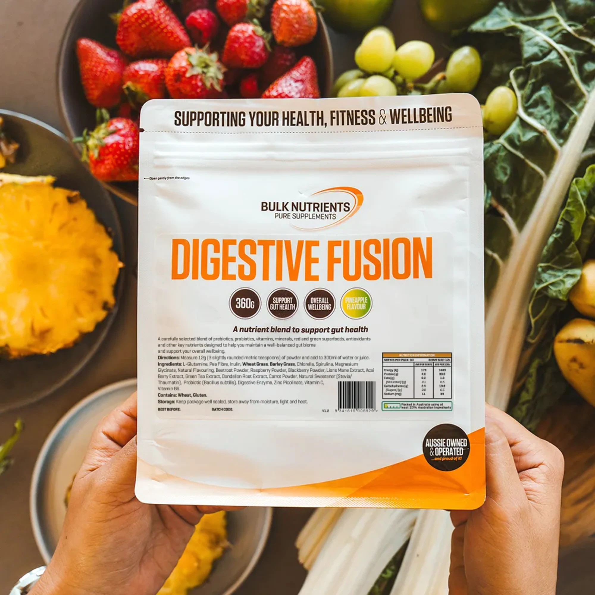 A carefully selected blend of prebiotics, probiotics, vitamins, minerals, red and green superfoods, antioxidants and other key nutrients.