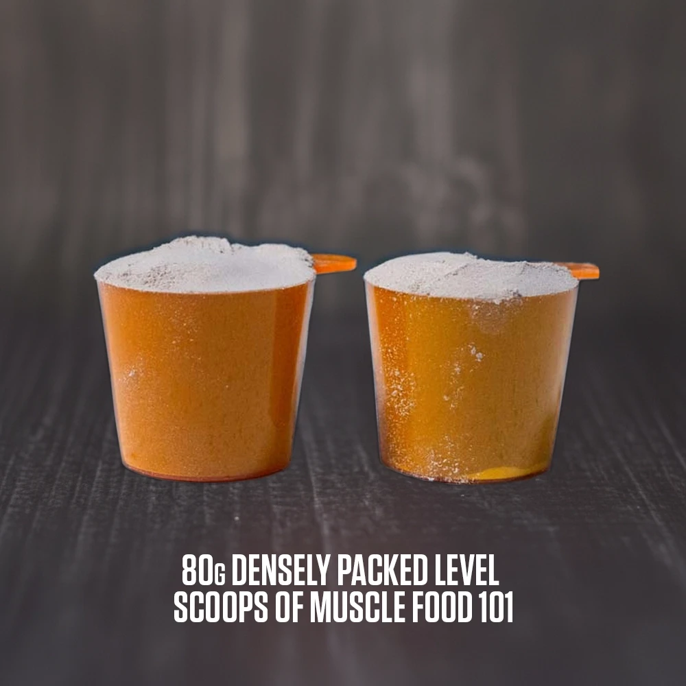 MF101 - Serving size - 80 grams (approx. 2 densely packed level scoops) of Muscle Food 101