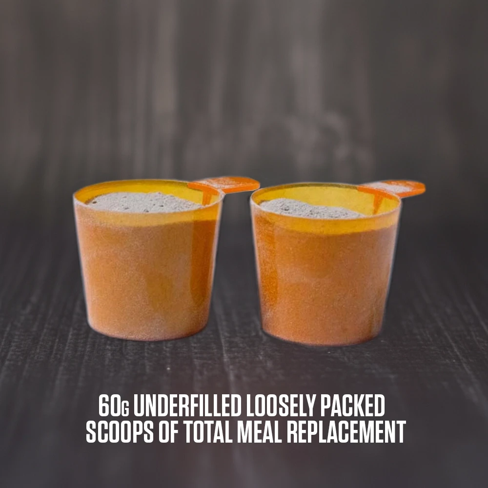 Serving size - 60 grams (Two underfilled scoops loosely packed) of Total Meal Replacement