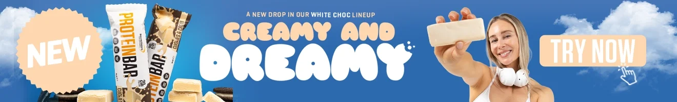 A new drop in our white choc lineup Creamy and Dreamy - Cookies & Cream Protein bars - Try Now!