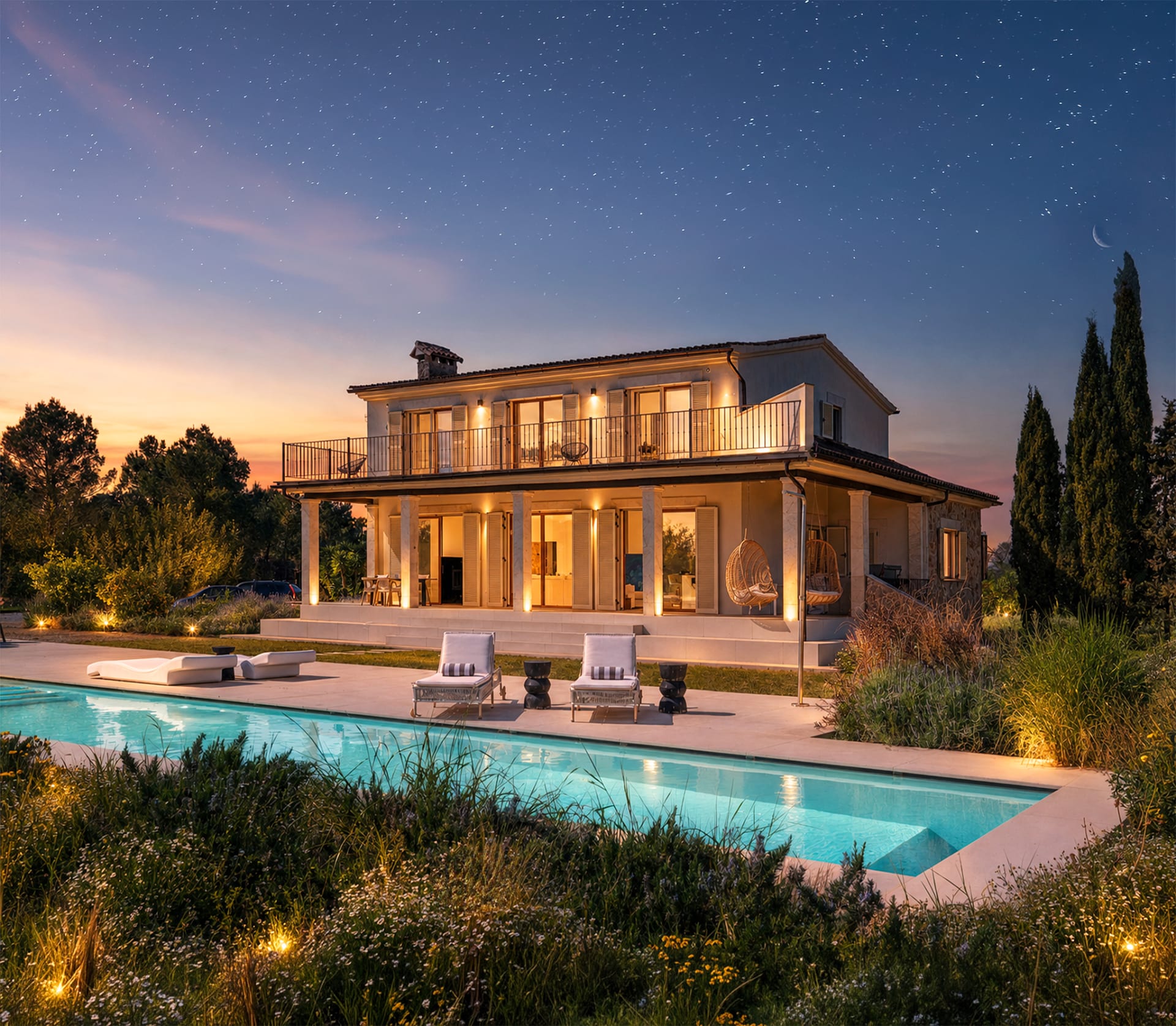 The same villa at night, lit from within under a full moon