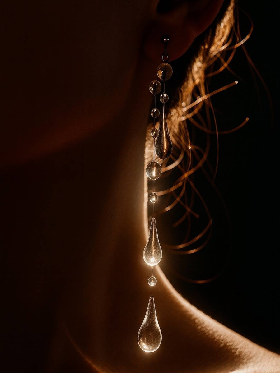 A finished drop earring catching warm light