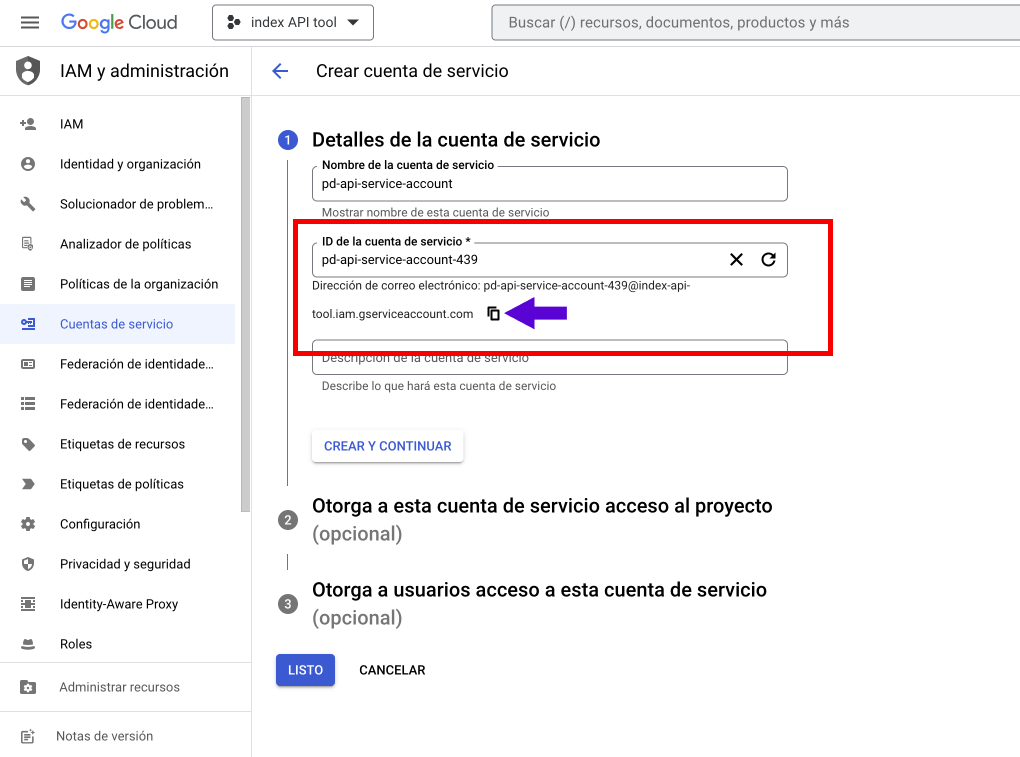 create service account - set name and description