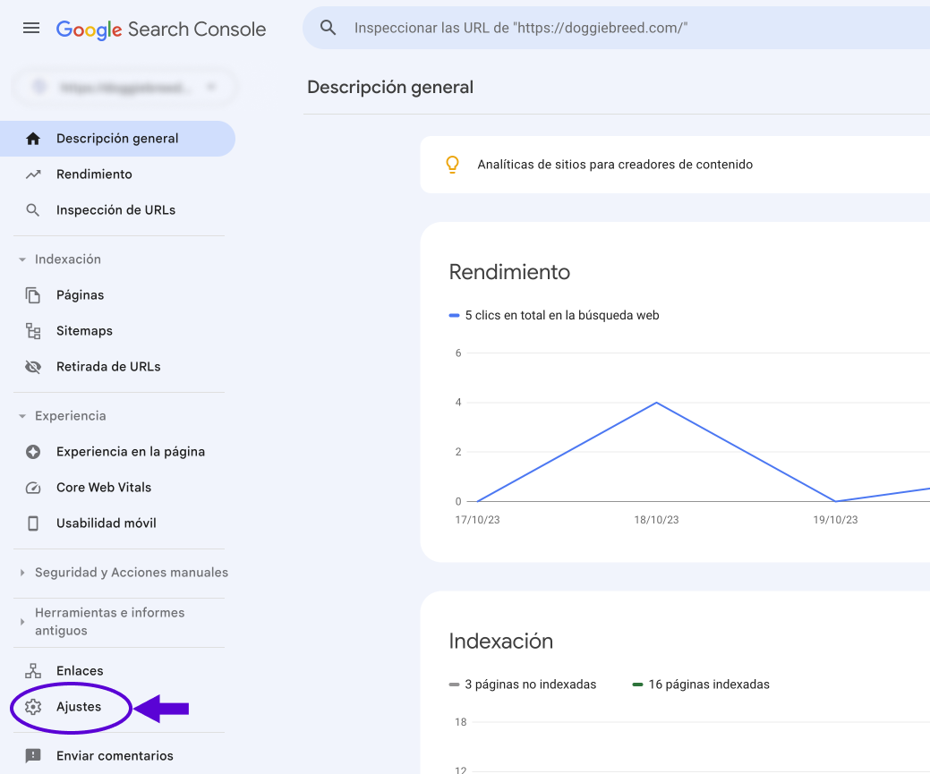 Abrir configuración en Google Search Console
