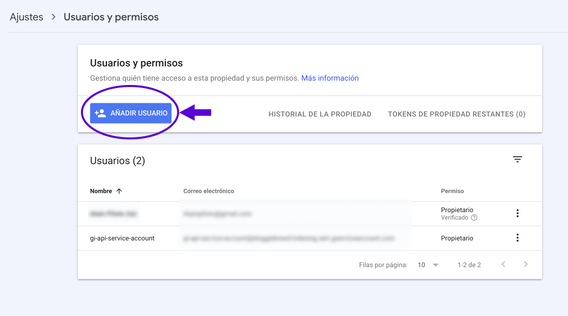 Agregar usuario en Usuarios y permisos