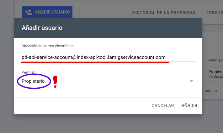 Agregar usuario como propietario en Google Search Console
