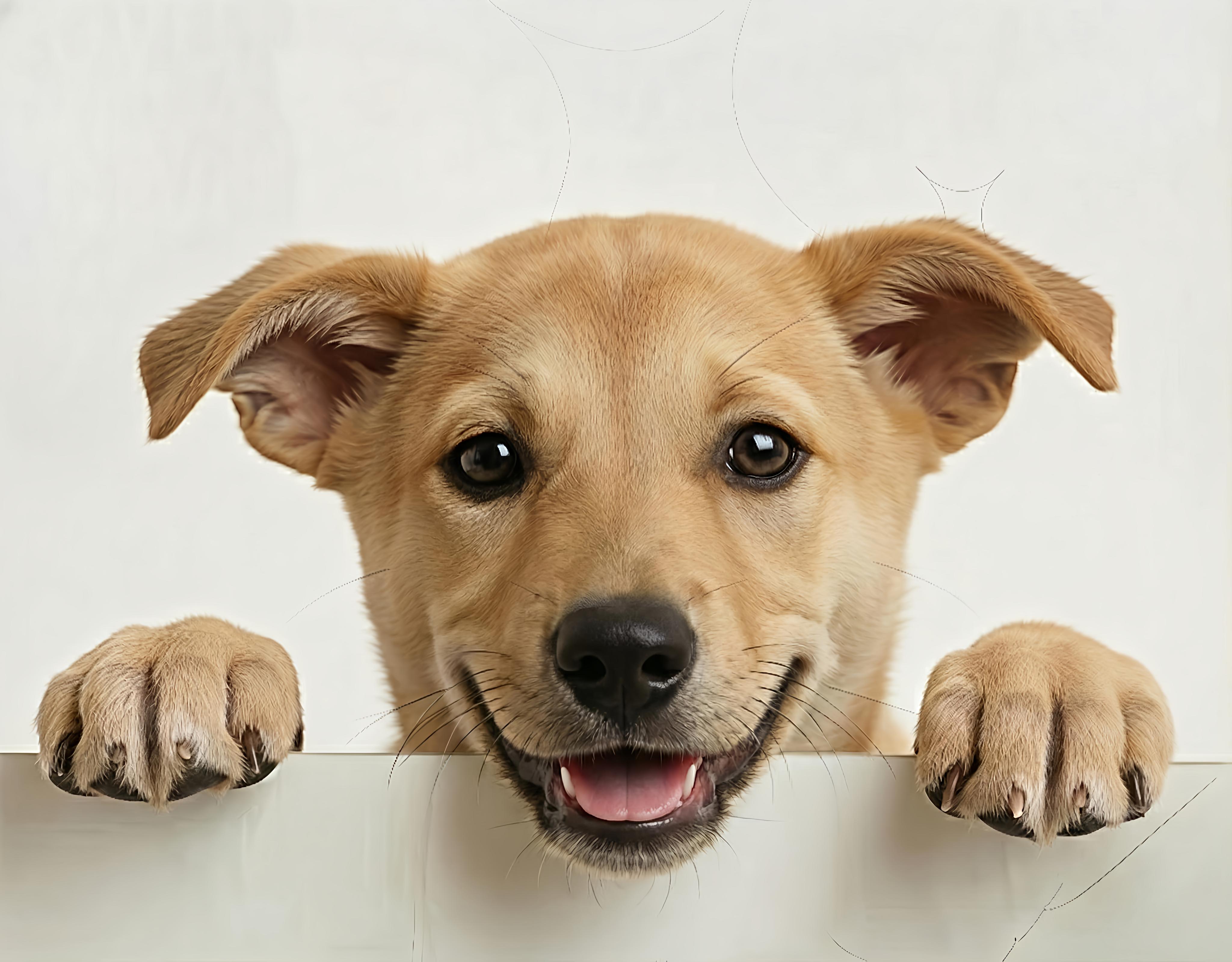 Happy dog looking over surface