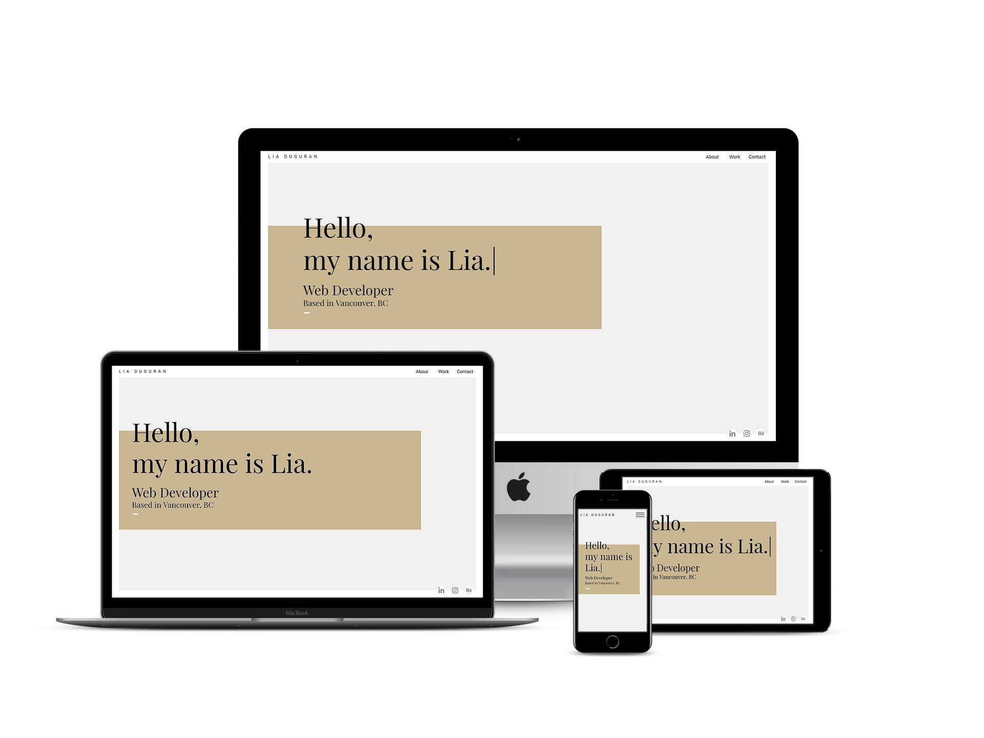 portfolio website, shown on multiple devices. Desktop, laptop, phone and tablet