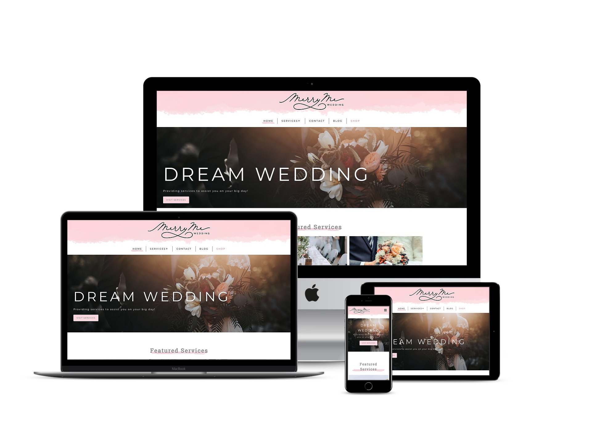 Merry Me Wedding, shown on multiple devices. Desktop, laptop, phone and tablet