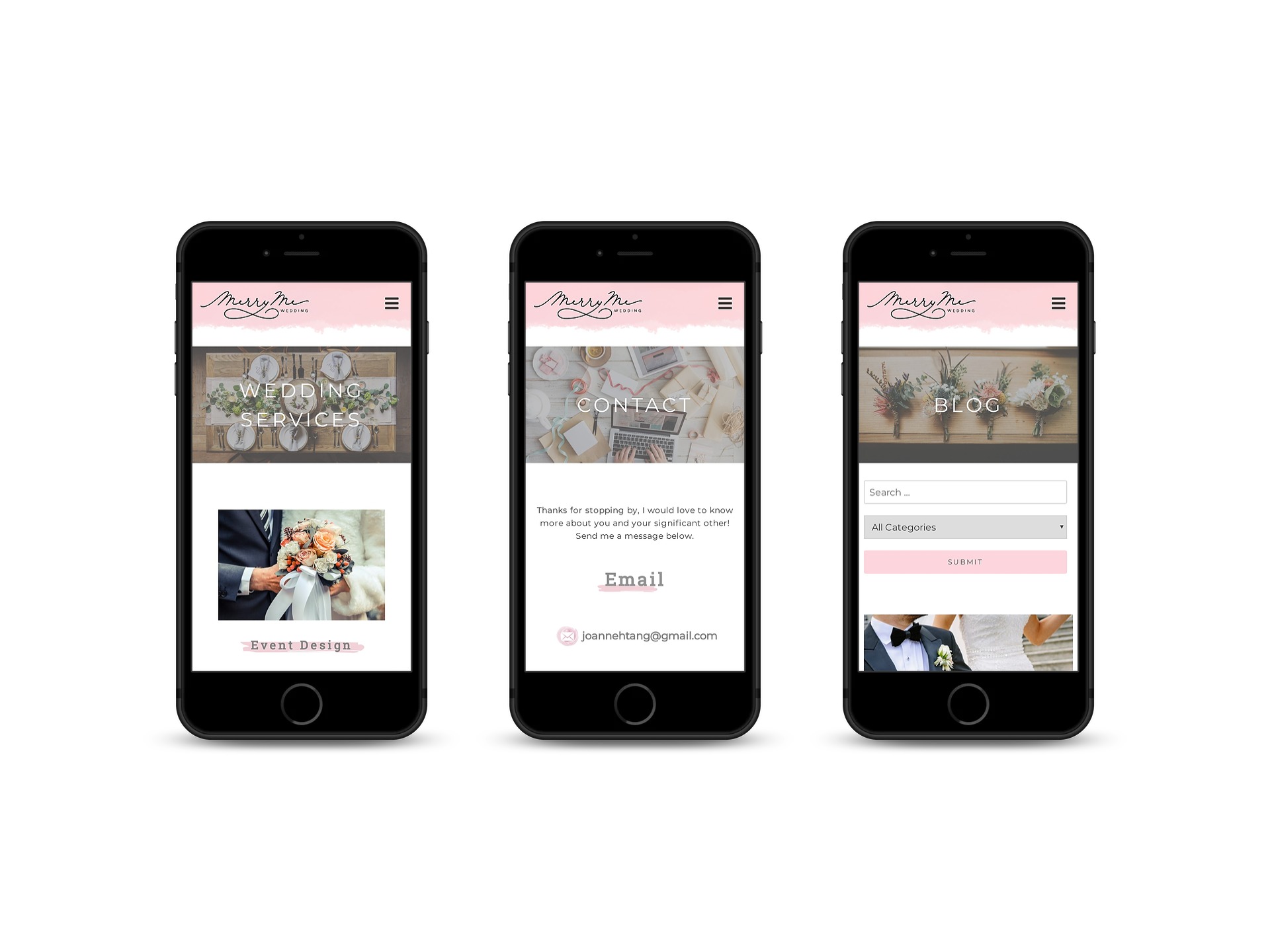 Merry Me Wedding, services, contact and blog page shown on phone