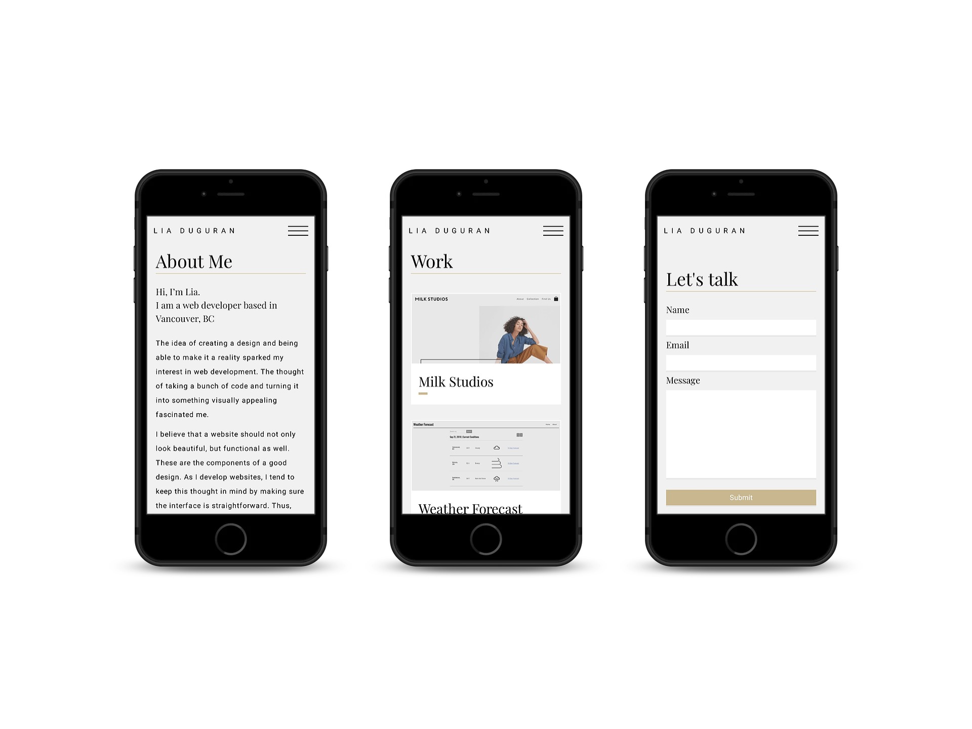 portfolio website about, work and contact page shown on mobile