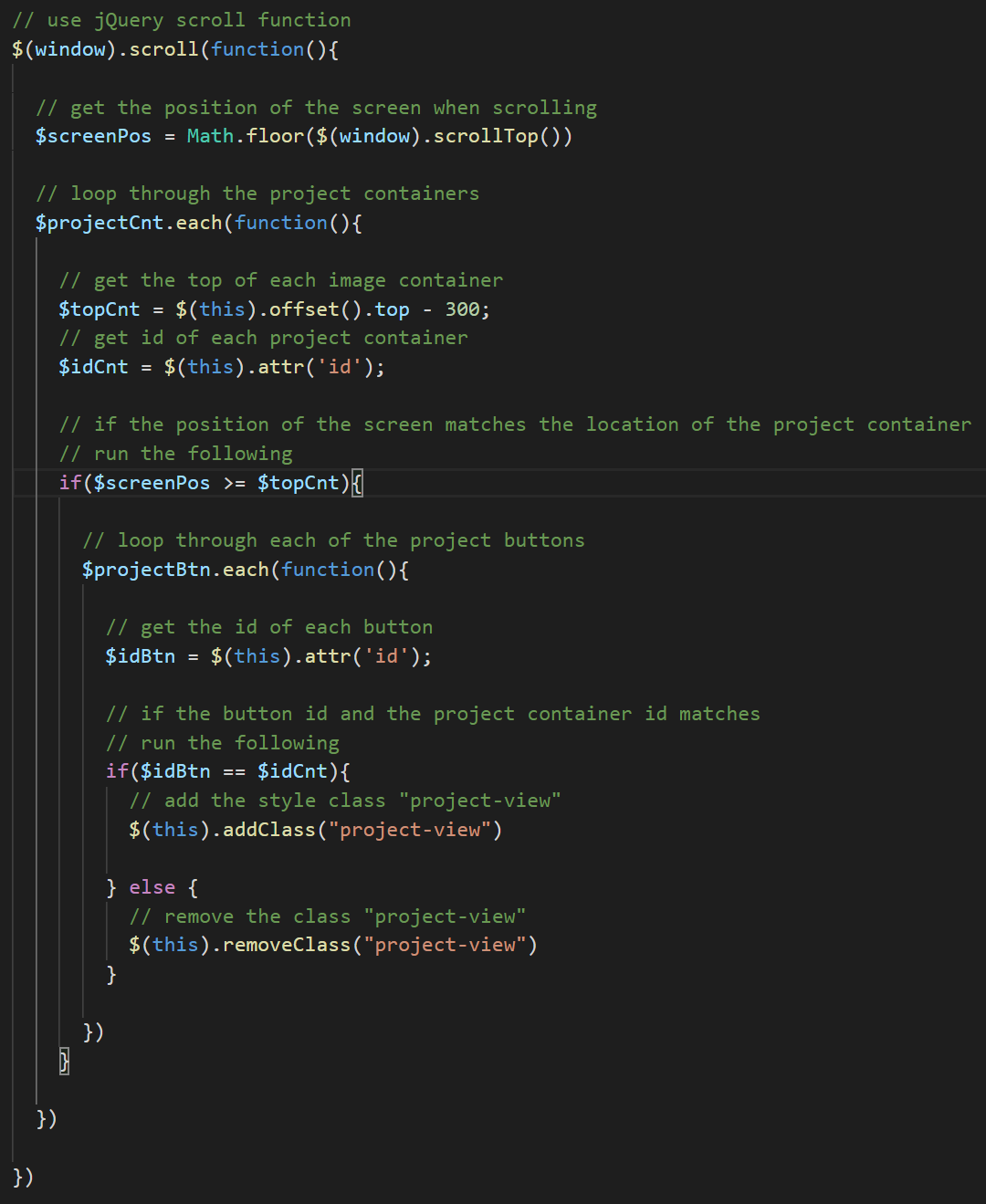 screenshot of the code used for the button coor on scroll
